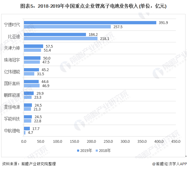 图表5：2018-2019年中国重点企业锂离子电池业务收入(单位：亿元)