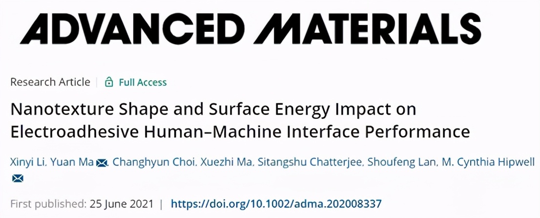 《AM》纳米纹理形状和表面能对电粘附-人机界面性能的影响