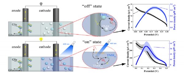 基于碳点和TMB的酶燃料电池光开关的工作原理示意图