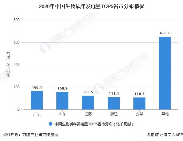 2020年中国生物质年发电量TOP5省市分布情况