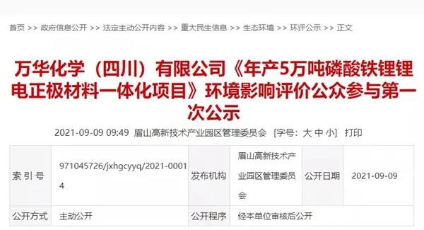 万华化学拟建5万吨/年磷酸铁锂正极材料一体化项目