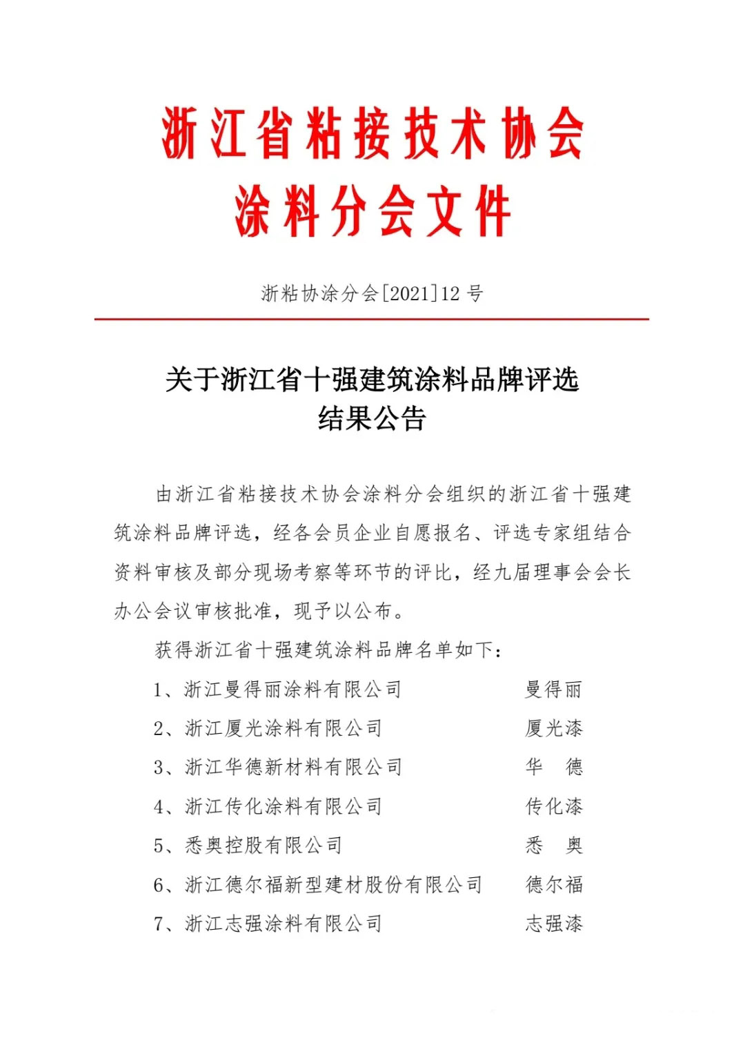 浙江省十强建筑涂料品牌评选结果公布