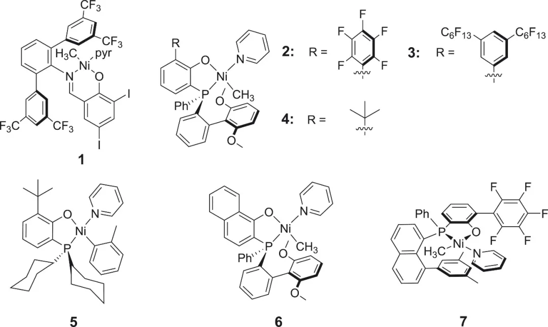 图1.研究了催化剂前体。水杨醛基复合物1和膦基苯酚复合物2至7