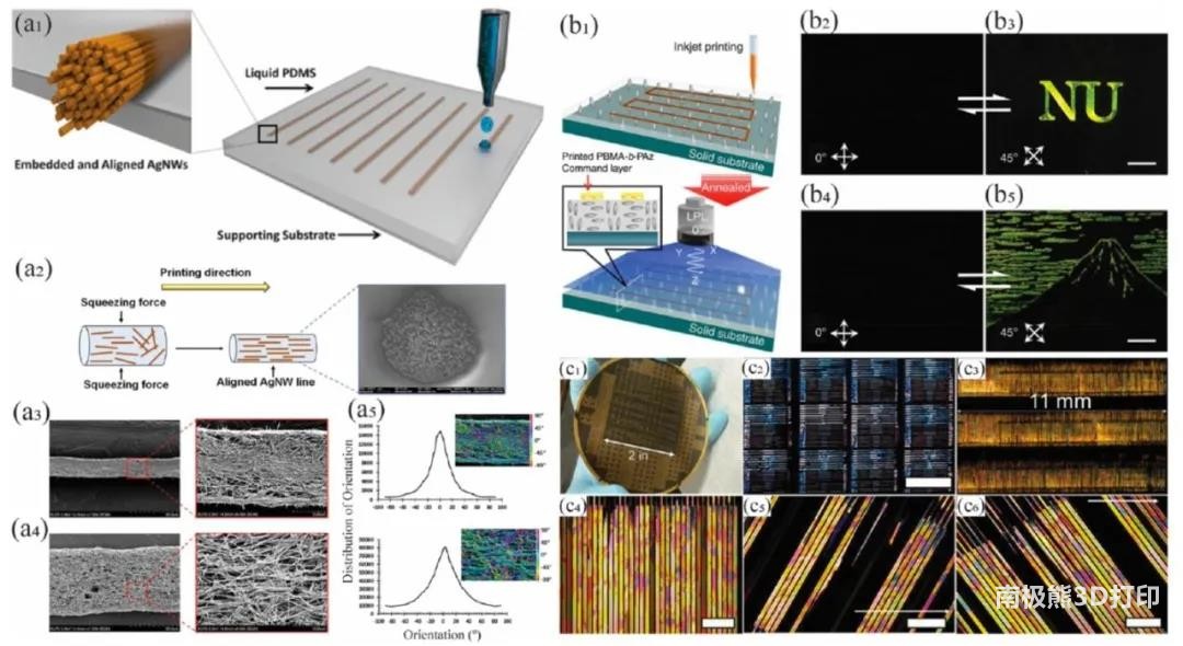 图3为喷墨3D打印中的银纳米线、液晶、有机半导体晶体的取向