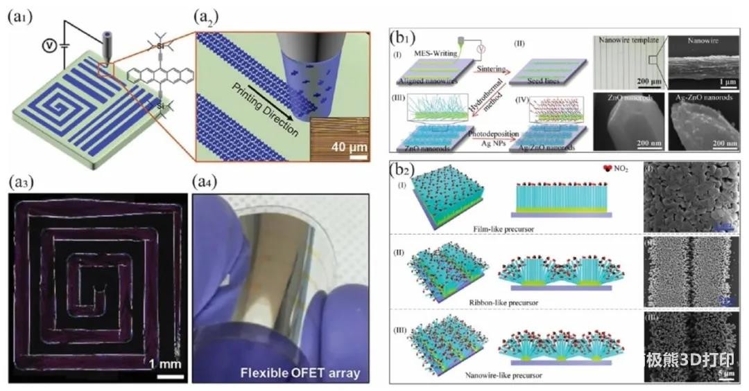 图5为电流体动力3D打印与有机半导体、银-氧化锌纳米棒的取向排布