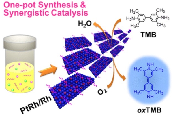 图1.一锅法制备PtRh/Rh纳米复合材料及其催化氧化反应的示意图 