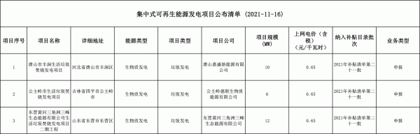 第二十一批可再生能源发电补贴项目清单