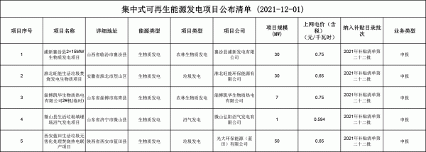 2021年第二十二批可再生能源发电补贴项目清单