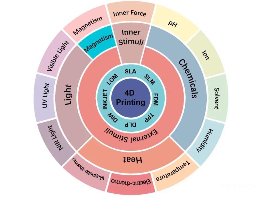 图1：4D打印工艺的刺激源可分为内部刺激和外部刺激，以及内应力、磁性刺激、光刺激、热刺激和化学刺激五大类及其子类型