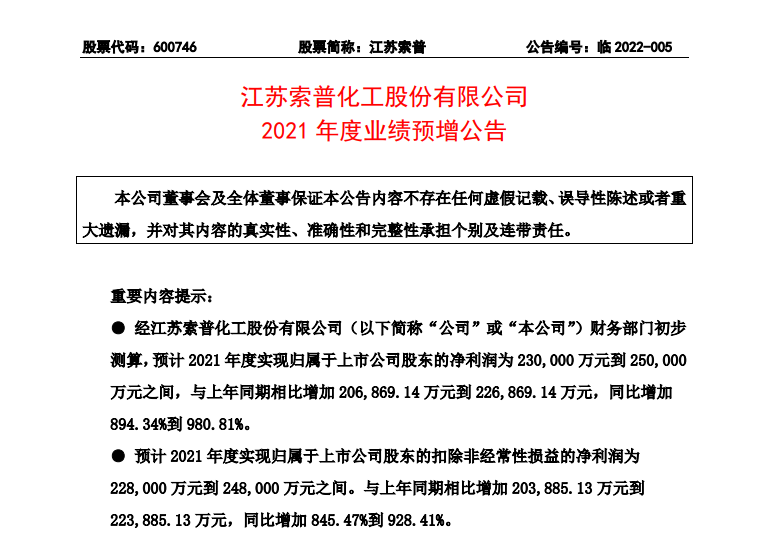 江苏索普2021年预计净利23亿-25亿