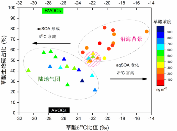 沿海背景和大陆气团中草酸的二维双碳同位素（δ13C、Δ14C/Fm）特征