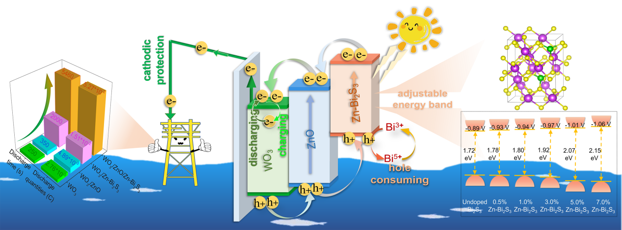 WO3/ZnO/Zn-Bi2S3光电极在光照和暗态条件下可能的光电化学阴极保护机制