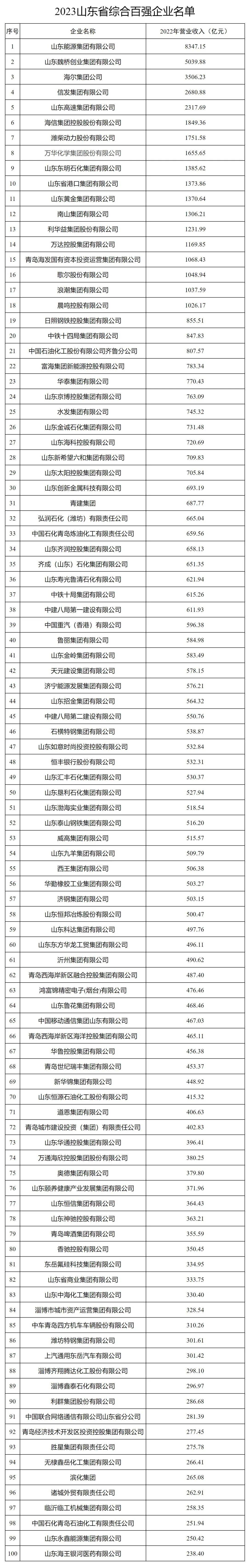 2023山东省公示百强企业名单